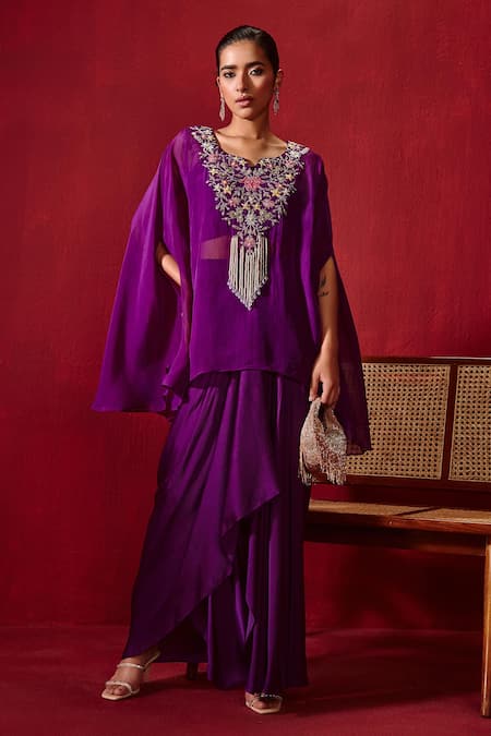 Ajiesh Oberoi_Yellow Organza, Cotton, Modal Embroidery, Pearls, Chahat Cape Skirt Set _Online_at_Aza_Fashions