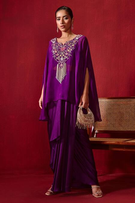 Buy_Ajiesh Oberoi_Yellow Organza, Cotton, Modal Embroidery, Pearls, Chahat Cape Skirt Set _Online_at_Aza_Fashions