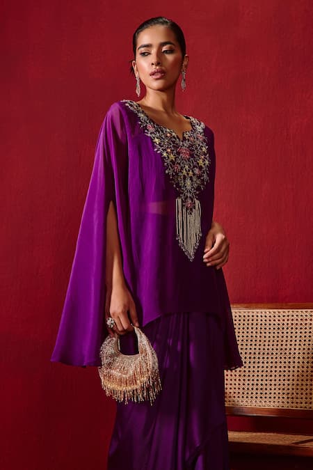 Shop_Ajiesh Oberoi_Yellow Organza, Cotton, Modal Embroidery, Pearls, Chahat Cape Skirt Set _Online_at_Aza_Fashions