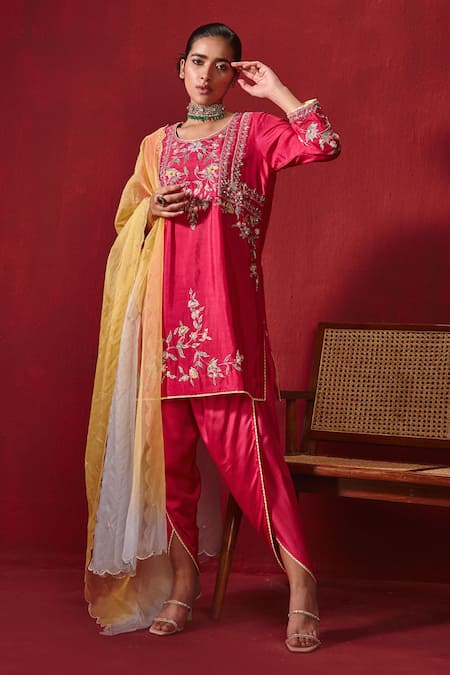 Ajiesh Oberoi Pink Silk, Organza Piping, Gota Patti, Preet Floral Kurta Dhoti Pant Set Online at Aza Fashions Ajiesh Oberoi_Pink Silk, Organza Piping, Gota Patti, Preet Floral Kurta Dhoti Pant Set _Online_at_Aza_Fashions