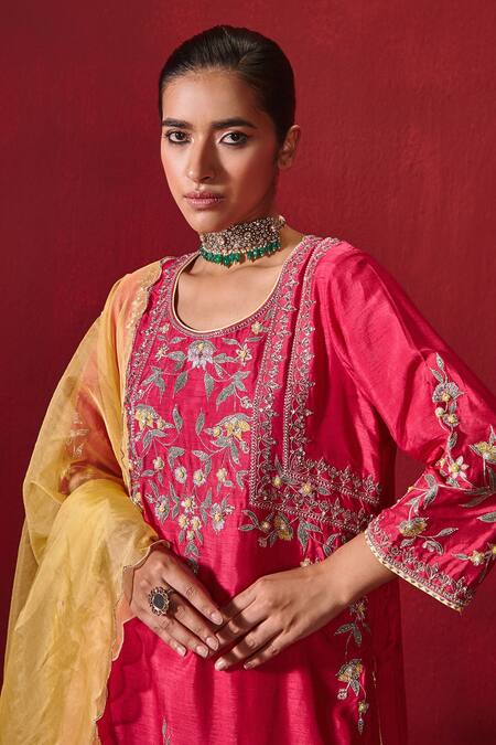 Shop Ajiesh Oberoi Pink Silk, Organza Piping, Gota Patti, Preet Floral Kurta Dhoti Pant Set Online at Aza Fashions Shop_Ajiesh Oberoi_Pink Silk, Organza Piping, Gota Patti, Preet Floral Kurta Dhoti Pant Set _Online_at_Aza_Fashions