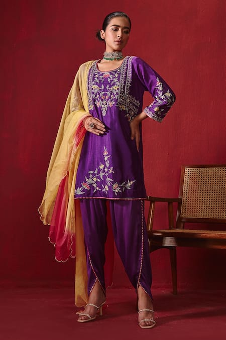 Ajiesh Oberoi Purple Silk, Organza Embroidery, Gota Patti Round Preet Kurta Dhoti Pant Set Online at Aza Fashions Ajiesh Oberoi_Purple Silk, Organza Embroidery, Gota Patti Round Preet Kurta Dhoti Pant Set _Online_at_Aza_Fashions