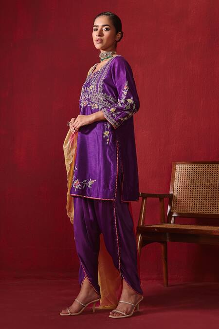 Buy Ajiesh Oberoi Purple Silk, Organza Embroidery, Gota Patti Round Preet Kurta Dhoti Pant Set Online at Aza Fashions Buy_Ajiesh Oberoi_Purple Silk, Organza Embroidery, Gota Patti Round Preet Kurta Dhoti Pant Set _Online_at_Aza_Fashions