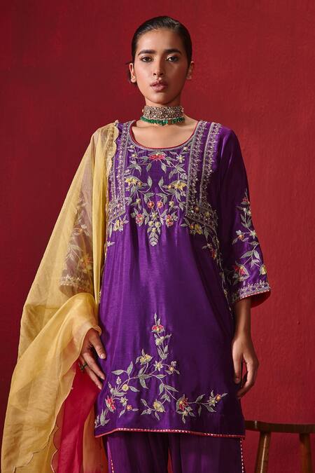 Shop Ajiesh Oberoi Purple Silk, Organza Embroidery, Gota Patti Round Preet Kurta Dhoti Pant Set Online at Aza Fashions Shop_Ajiesh Oberoi_Purple Silk, Organza Embroidery, Gota Patti Round Preet Kurta Dhoti Pant Set _Online_at_Aza_Fashions