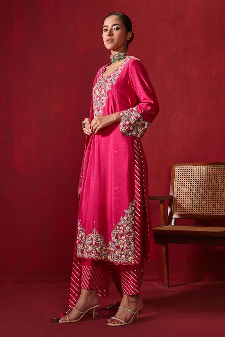 Ajiesh Oberoi_Pink Silk, Organza Embroidery Round Neck Riwaaz Kurta Pant Set _Online_at_Aza_Fashions