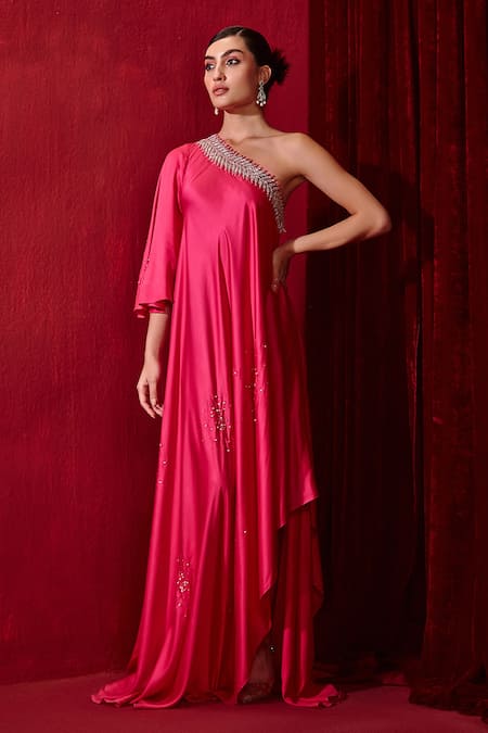 Ajiesh Oberoi Pink Modal, Silk Embroidery One Shoulder Meit Asymmetrical Gown Online at Aza Fashions Ajiesh Oberoi_Pink Modal, Silk Embroidery One Shoulder Meit Asymmetrical Gown _Online_at_Aza_Fashions