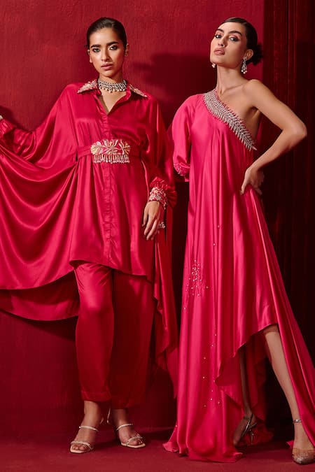 Ajiesh Oberoi Pink Modal, Silk Embroidery One Shoulder Meit Asymmetrical Gown at Aza Fashions Ajiesh Oberoi_Pink Modal, Silk Embroidery One Shoulder Meit Asymmetrical Gown _at_Aza_Fashions