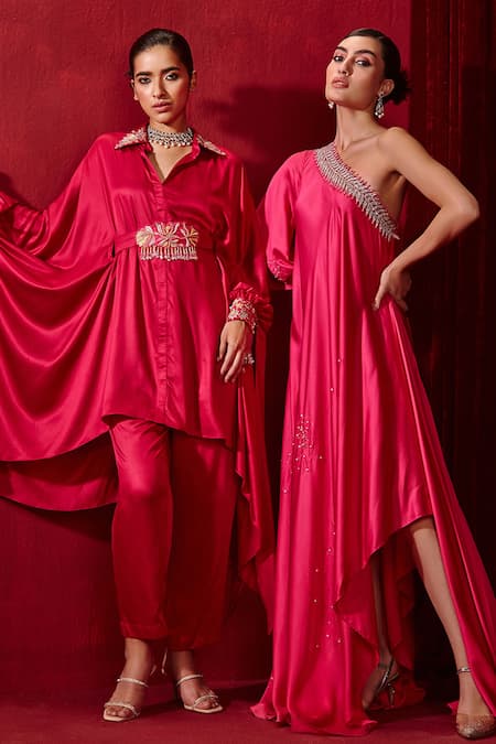 Ajiesh Oberoi Pink Modal, Silk Pearls, Crystals Collared Fiza Oversized Shirt And Pant Set Online at Aza Fashions Ajiesh Oberoi_Pink Modal, Silk Pearls, Crystals Collared Fiza Oversized Shirt And Pant Set _Online_at_Aza_Fashions