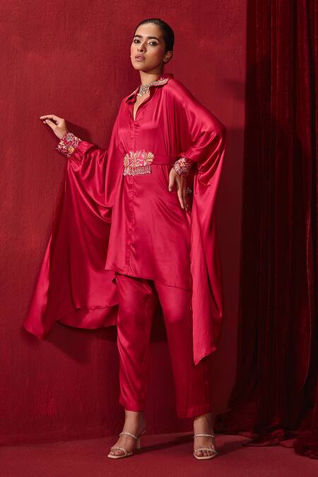 Buy Ajiesh Oberoi Pink Modal, Silk Pearls, Crystals Collared Fiza Oversized Shirt And Pant Set Online at Aza Fashions Buy_Ajiesh Oberoi_Pink Modal, Silk Pearls, Crystals Collared Fiza Oversized Shirt And Pant Set _Online_at_Aza_Fashions