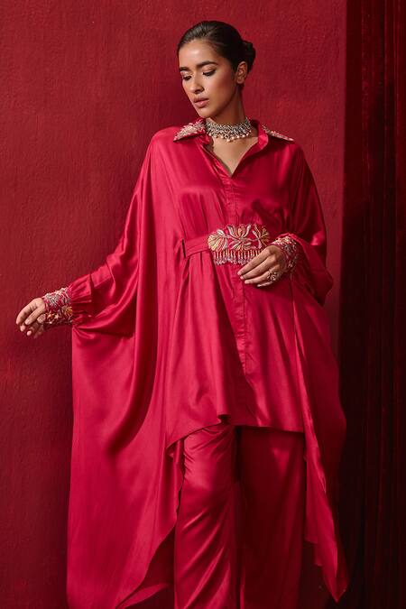 Shop Ajiesh Oberoi Pink Modal, Silk Pearls, Crystals Collared Fiza Oversized Shirt And Pant Set Online at Aza Fashions Shop_Ajiesh Oberoi_Pink Modal, Silk Pearls, Crystals Collared Fiza Oversized Shirt And Pant Set _Online_at_Aza_Fashions