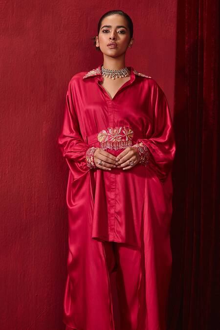 Ajiesh Oberoi Pink Modal, Silk Pearls, Crystals Collared Fiza Oversized Shirt And Pant Set at Aza Fashions Ajiesh Oberoi_Pink Modal, Silk Pearls, Crystals Collared Fiza Oversized Shirt And Pant Set _at_Aza_Fashions