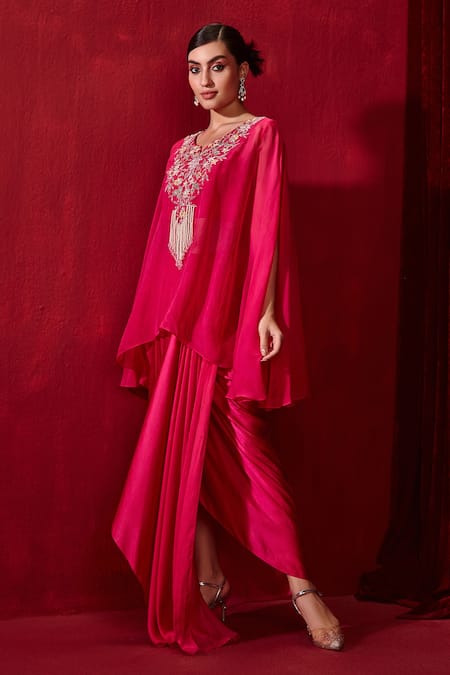 Ajiesh Oberoi_Pink Modal, Cotton Chahat Pearl Embroidered Cape Skirt Set _Online_at_Aza_Fashions