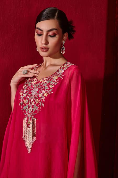 Buy_Ajiesh Oberoi_Pink Modal, Cotton Chahat Pearl Embroidered Cape Skirt Set _Online_at_Aza_Fashions