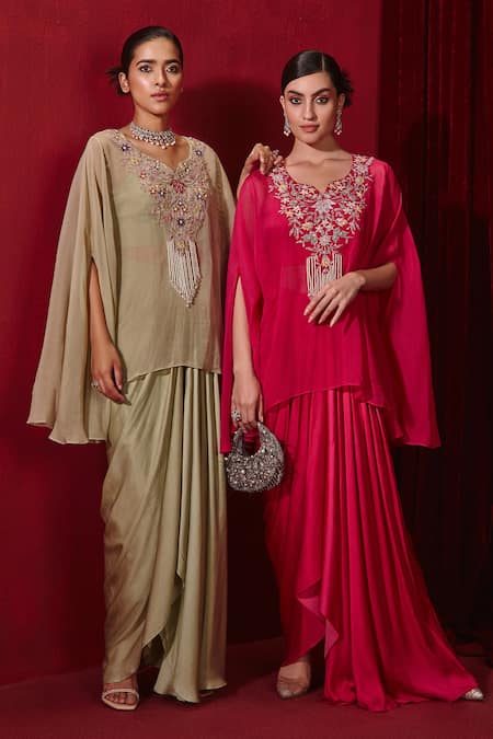 Shop_Ajiesh Oberoi_Pink Modal, Cotton Chahat Pearl Embroidered Cape Skirt Set _Online_at_Aza_Fashions