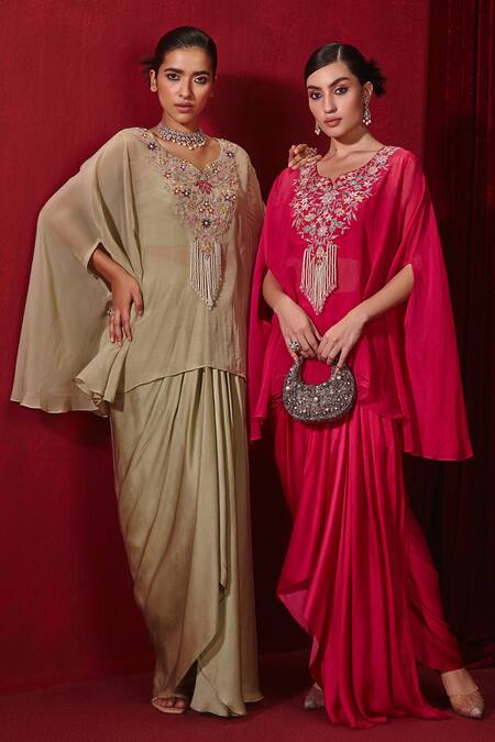 Ajiesh Oberoi_Green Organza Embroidered Pearl Cape  Notched Chahat Skirt Set _Online_at_Aza_Fashions
