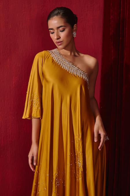 Ajiesh Oberoi_Yellow Modal, Silk Embroidery One Shoulder Meit Gown _Online_at_Aza_Fashions