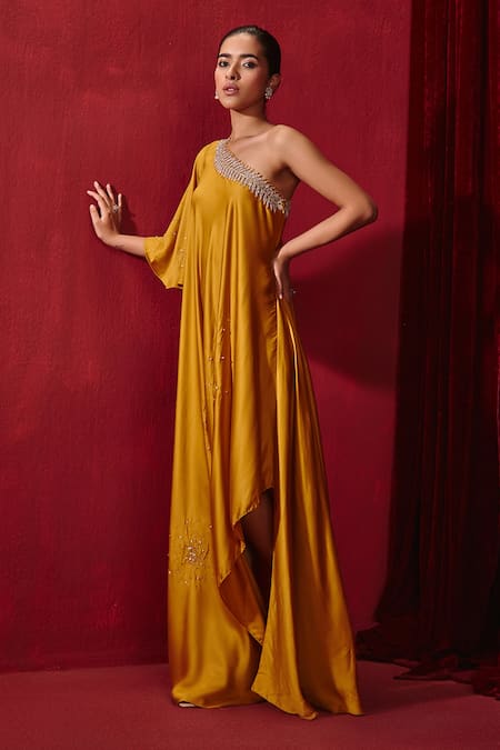 Buy_Ajiesh Oberoi_Yellow Modal, Silk Embroidery One Shoulder Meit Gown _Online_at_Aza_Fashions
