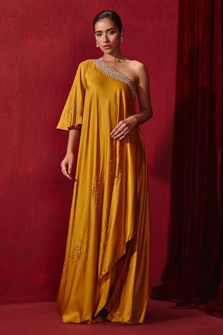 Shop_Ajiesh Oberoi_Yellow Modal, Silk Embroidery One Shoulder Meit Gown _Online_at_Aza_Fashions
