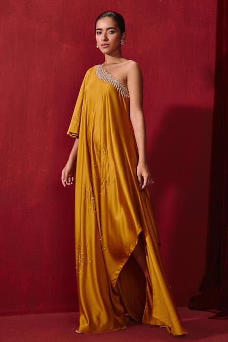 Ajiesh Oberoi_Yellow Modal, Silk Embroidery One Shoulder Meit Gown _at_Aza_Fashions