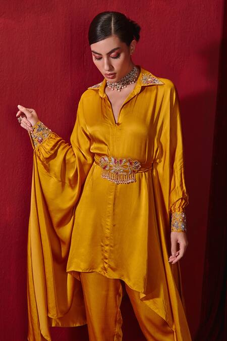 Ajiesh Oberoi Yellow Modal, Silk Pearls, Crystals Fiza Embroidered Oversized Shirt And Pant Set at Aza Fashions Ajiesh Oberoi_Yellow Modal, Silk Pearls, Crystals Fiza Embroidered Oversized Shirt And Pant Set _at_Aza_Fashions