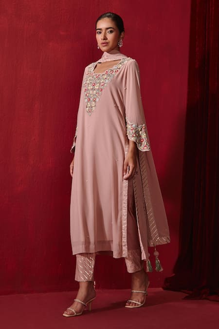 Ajiesh Oberoi Pink Georgette, Rayon Embroidery, Gota Riwaaz Intricate Straight Kurta Set Online at Aza Fashions Ajiesh Oberoi_Pink Georgette, Rayon Embroidery, Gota Riwaaz Intricate Straight Kurta Set _Online_at_Aza_Fashions