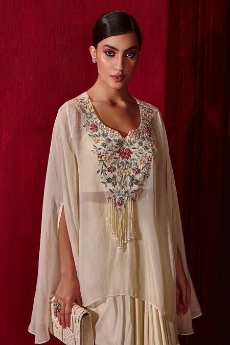 Ajiesh Oberoi_Ivory Modal, Cotton Chahat Embroidered Cape Skirt Set _Online_at_Aza_Fashions