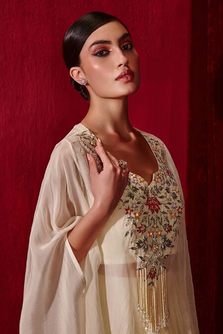 Buy_Ajiesh Oberoi_Ivory Modal, Cotton Chahat Embroidered Cape Skirt Set _Online_at_Aza_Fashions