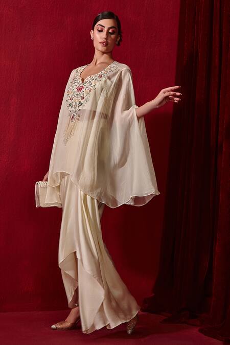 Shop_Ajiesh Oberoi_Ivory Modal, Cotton Chahat Embroidered Cape Skirt Set _Online_at_Aza_Fashions