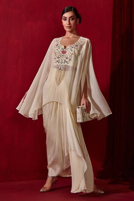 Ajiesh Oberoi_Ivory Modal, Cotton Chahat Embroidered Cape Skirt Set _at_Aza_Fashions