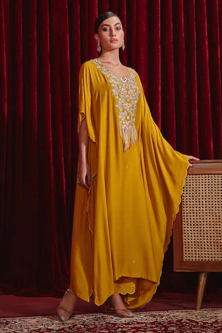 Ajiesh Oberoi_Yellow Cotton, Silk Pearls, Crystals Ambar Embroidered Kaftan And Palazzo Set _Online_at_Aza_Fashions