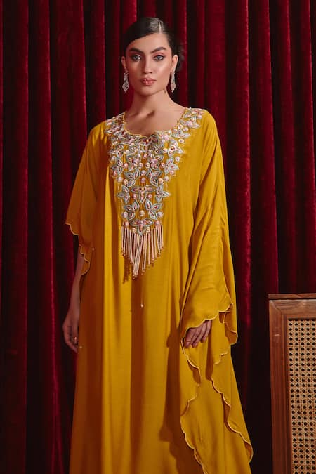 Buy_Ajiesh Oberoi_Yellow Cotton, Silk Pearls, Crystals Ambar Embroidered Kaftan And Palazzo Set _Online_at_Aza_Fashions