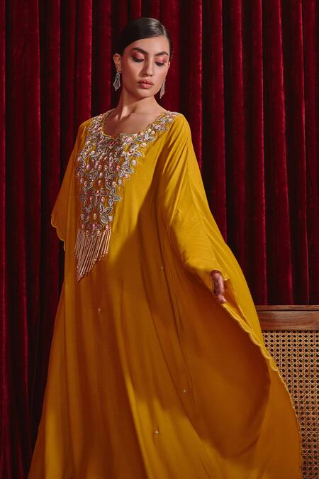 Shop_Ajiesh Oberoi_Yellow Cotton, Silk Pearls, Crystals Ambar Embroidered Kaftan And Palazzo Set _Online_at_Aza_Fashions