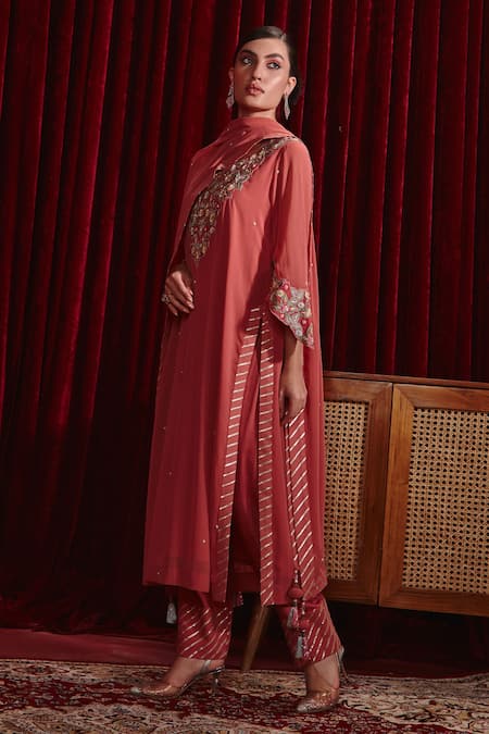Ajiesh Oberoi Peach Georgette, Rayon Embroidery, Gota Patti Riwaaz Floral Straight Kurta Set Online at Aza Fashions Ajiesh Oberoi_Peach Georgette, Rayon Embroidery, Gota Patti Riwaaz Floral Straight Kurta Set _Online_at_Aza_Fashions