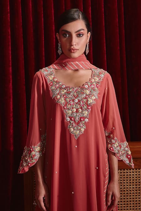 Buy Ajiesh Oberoi Peach Georgette, Rayon Embroidery, Gota Patti Riwaaz Floral Straight Kurta Set Online at Aza Fashions Buy_Ajiesh Oberoi_Peach Georgette, Rayon Embroidery, Gota Patti Riwaaz Floral Straight Kurta Set _Online_at_Aza_Fashions