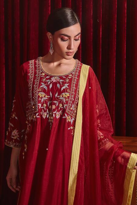 Ajiesh Oberoi Wine Silk, Rayon, Organza Embroidery Round Preeti Straight Long Kurta Pant Set Online at Aza Fashions Ajiesh Oberoi_Wine Silk, Rayon, Organza Embroidery Round Preeti Straight Long Kurta Pant Set _Online_at_Aza_Fashions