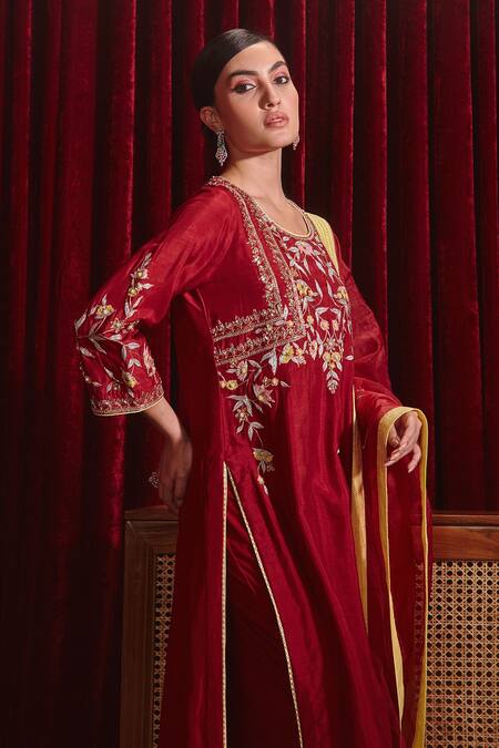 Buy Ajiesh Oberoi Wine Silk, Rayon, Organza Embroidery Round Preeti Straight Long Kurta Pant Set Online at Aza Fashions Buy_Ajiesh Oberoi_Wine Silk, Rayon, Organza Embroidery Round Preeti Straight Long Kurta Pant Set _Online_at_Aza_Fashions