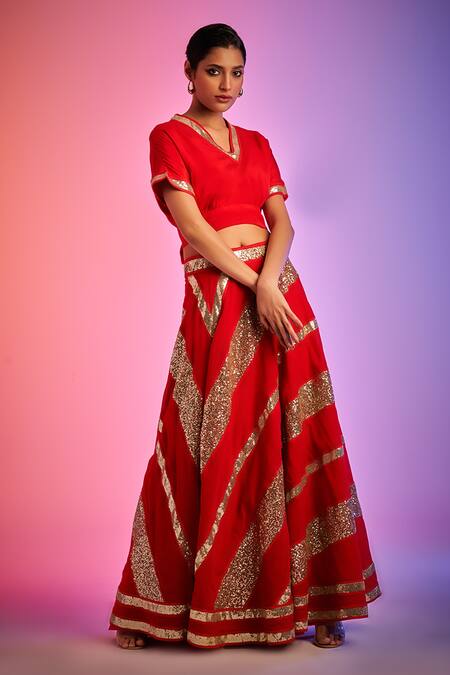 Buy_Gulabo By Abu Sandeep_Red Batwing Sleeve Crop Top _Online_at_Aza_Fashions