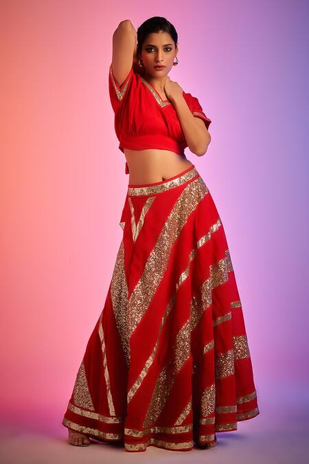 Shop_Gulabo By Abu Sandeep_Red Batwing Sleeve Crop Top _Online_at_Aza_Fashions