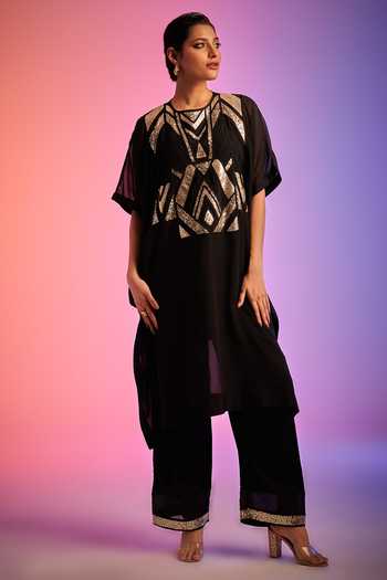 Shop_Gulabo By Abu Sandeep_Black Geometric Sequin Work Applique Kaftan _Online_at_Aza_Fashions