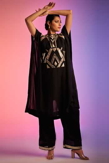 Gulabo By Abu Sandeep_Black Geometric Sequin Work Applique Kaftan _at_Aza_Fashions