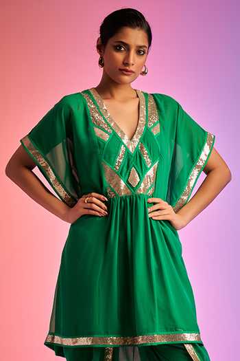 Shop Gulabo By Abu Sandeep Green Sequin Embellished Short Kaftan Online at Aza Fashions Shop_Gulabo By Abu Sandeep_Green Sequin Embellished Short Kaftan _Online_at_Aza_Fashions