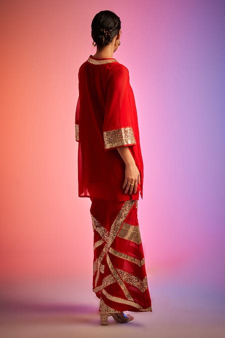 Shop_Gulabo By Abu Sandeep_Red Georgette Sequins, Applique V-neck Work Short Kurta_Online_at_Aza_Fashions