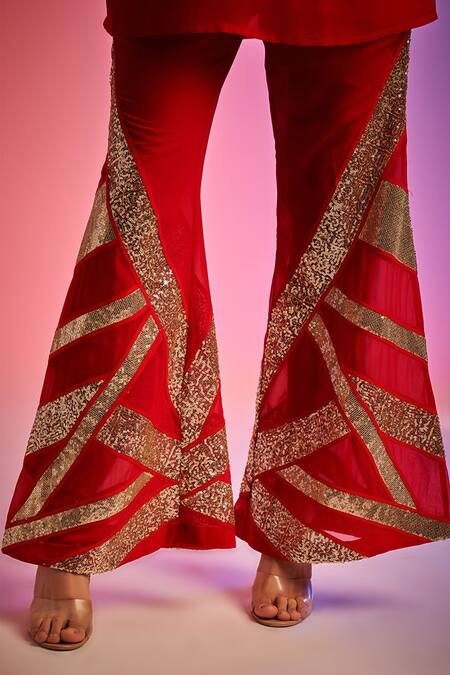 Buy_Gulabo By Abu Sandeep_Red Sequin Embellished Bell Bottom Pant _Online_at_Aza_Fashions