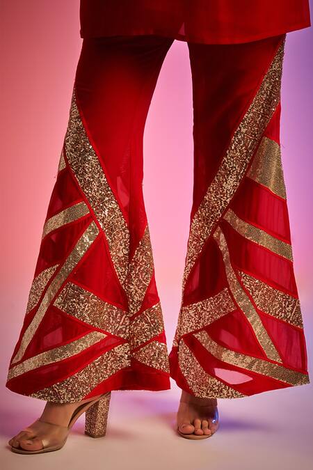 Shop_Gulabo By Abu Sandeep_Red Sequin Embellished Bell Bottom Pant _Online_at_Aza_Fashions