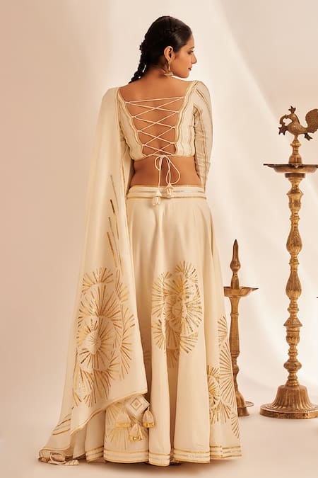 Gulabo By Abu Sandeep_Off White 100% Pure Chanderi Silk Embellished Gota Work Rose Skirt _Online_at_Aza_Fashions