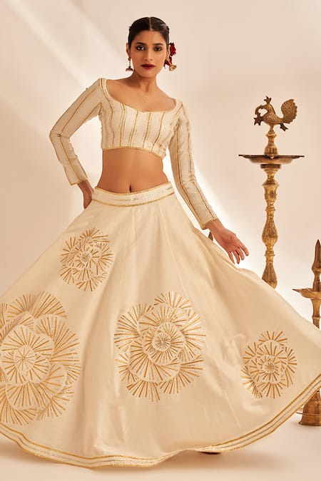 Shop_Gulabo By Abu Sandeep_Off White 100% Pure Chanderi Silk Embellished Gota Work Rose Skirt _Online_at_Aza_Fashions