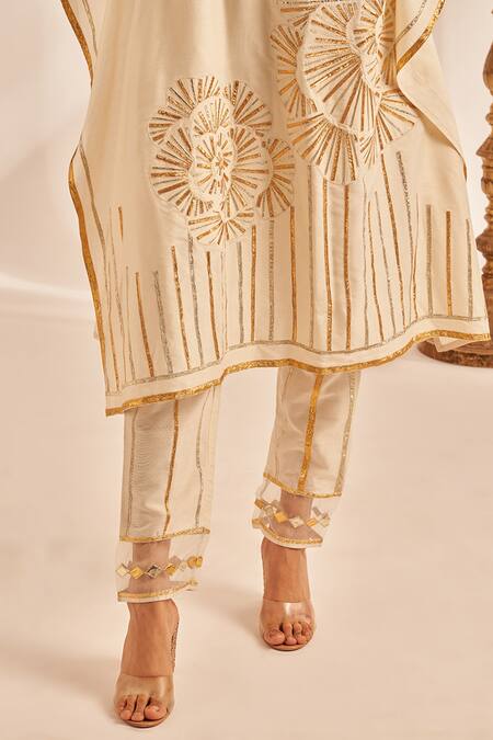 Shop_Gulabo By Abu Sandeep_Off White 100% Pure Chanderi Silk Embellished Gota Work Pencil Pant _Online_at_Aza_Fashions