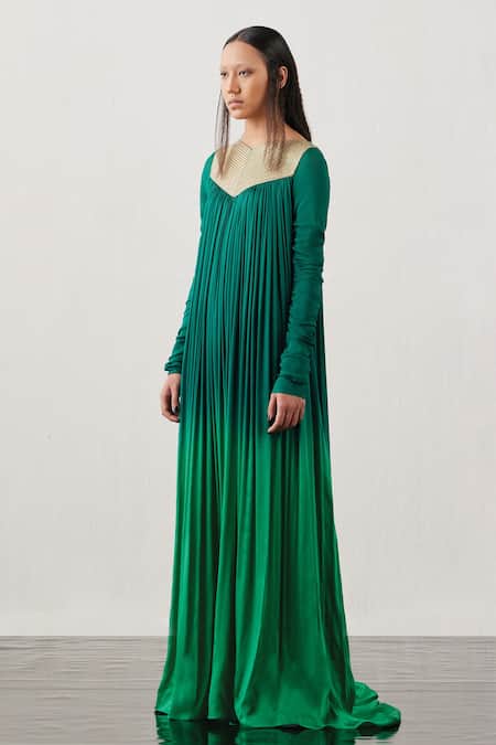 Akhl_Green Satin (66% Viscose 34% Modal)+ Silk-raffia Mesh (30% Pleated Flared Gown _Online_at_Aza_Fashions
