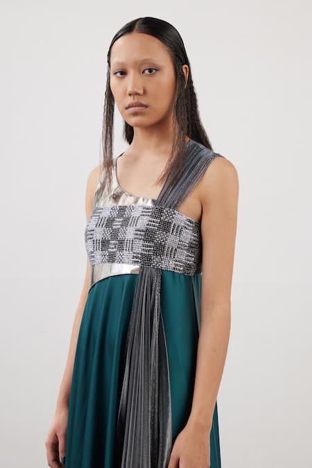 Buy_Akhl_Green Silk Satin (100% Polyester) + Lurex-tulle (57% Gathered Strap Gown _Online_at_Aza_Fashions