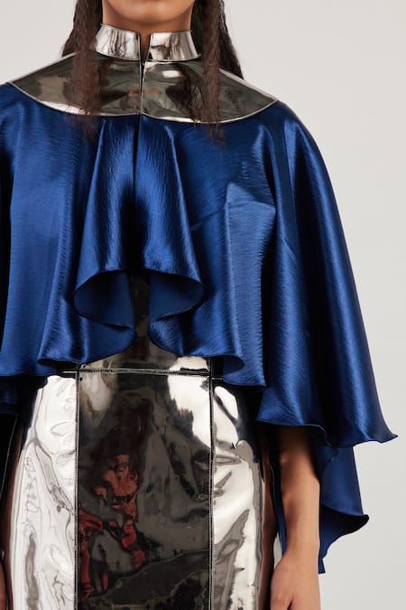 Akhl_Silver Satin, Polyester Zari, Sequins Mandarin Metallic Slit Gown With Cape _Online_at_Aza_Fashions